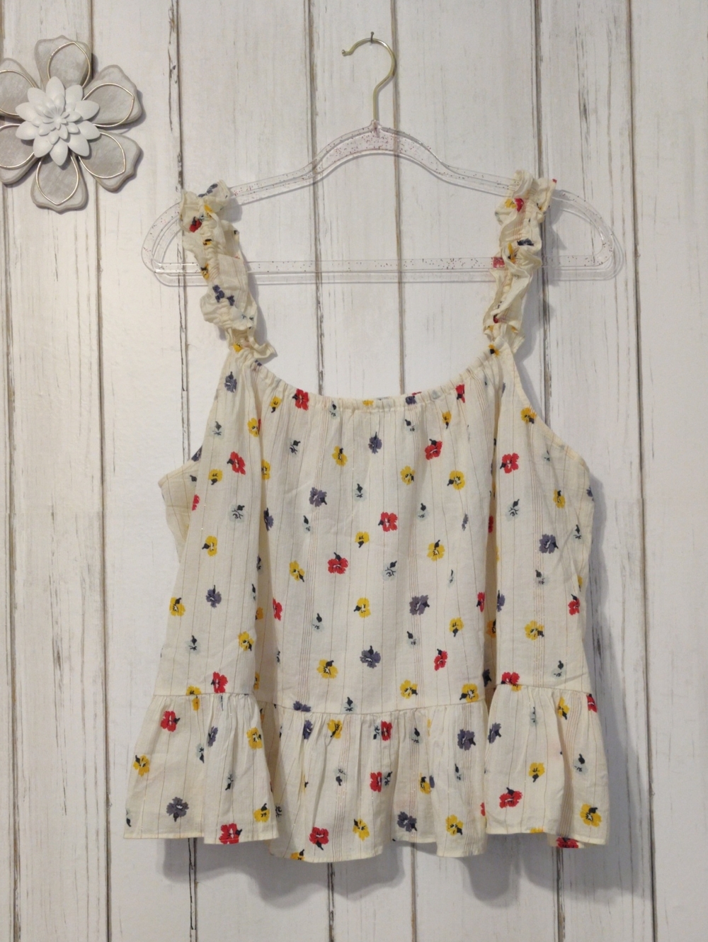 Madewell Cream Tank Top with Red Stripe and Multicolor Floral Detail